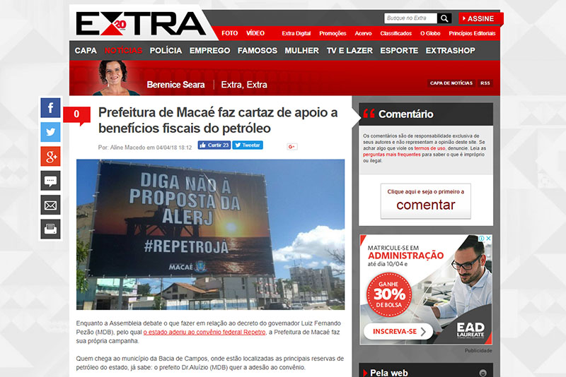 Reprodução Jornal Extra - Versão on-line