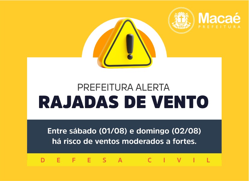 Defesa Civil alerta para rajadas de vento neste fim de semana em Macaé